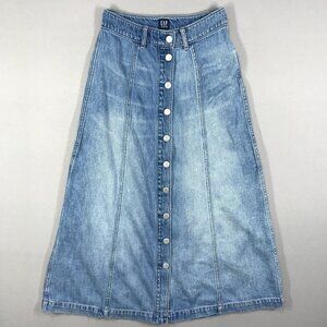 GAP Jean Skirt Women's 00 Blue Denim Midi Button Front A-Line Light Wash Stretch